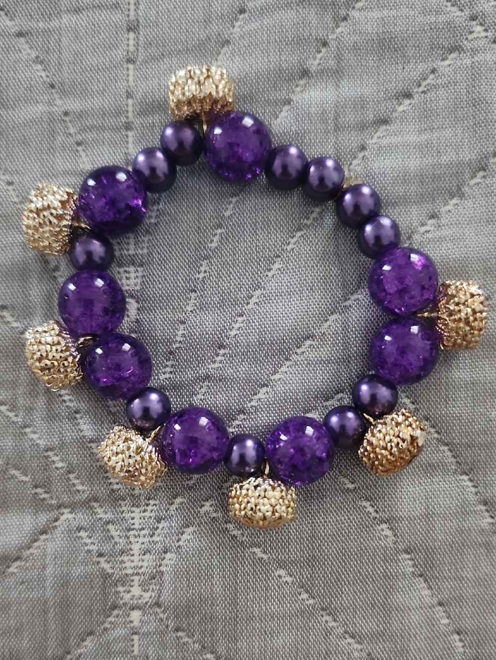 HANDMADE Purple Beaded Stretch Bracelet with Gold Accent Charms